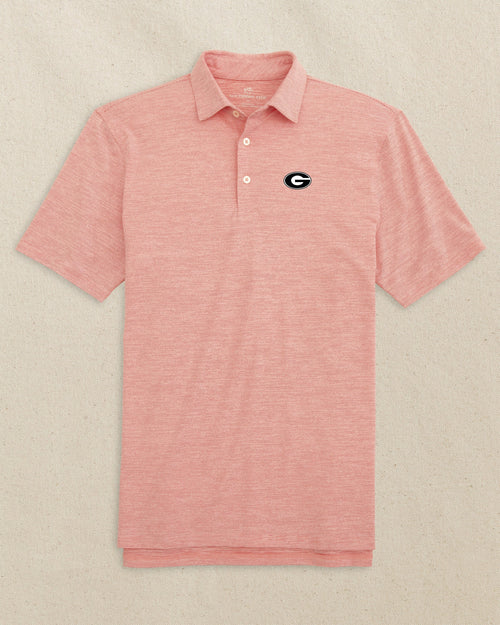 The front view of the Southern Tide Georgia Bulldogs Oval G Driver Spacedye Polo by Southern Tide - Varsity Red